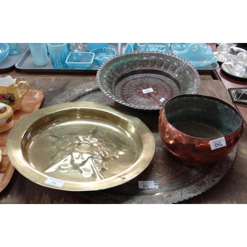 396 - Collection of metal ware to include large Middle Eastern design tray, copper beaten bowl, and anothe... 