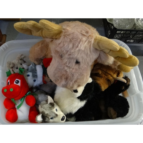 398 - Plastic box of assorted soft toys, to include: Out of Africa gorilla, Simply Soft collection dog, la... 