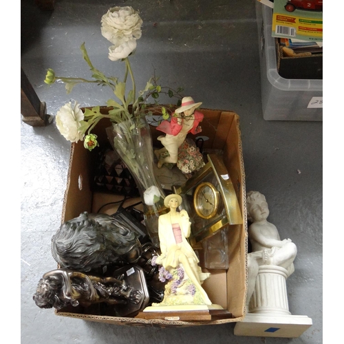 404 - Box of home furnishing modern items, to include: bronzed figures, bronzed bust, glass vases, mantle ... 