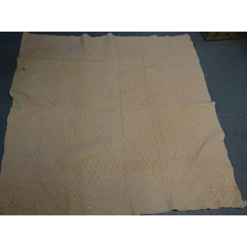 416 - Vintage handmade cotton peach coloured Welsh quilt with leaf, spiral and flowerhead designs. 173 x 1... 