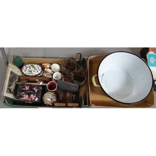 417 - Two boxes of oddments to include: enamel two handled pan, Victorian pottery butter dish and cover, a... 