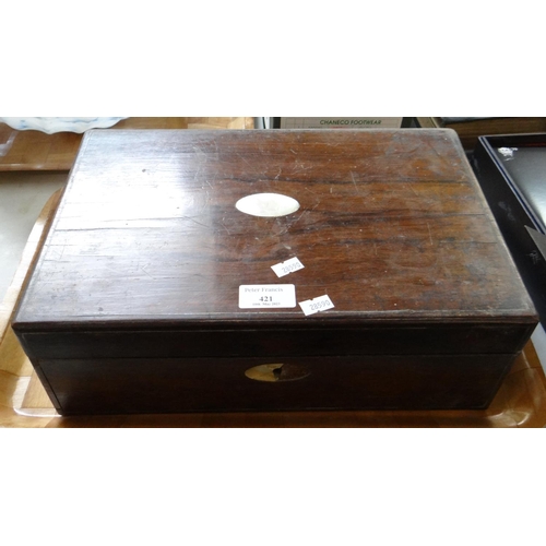 421 - 19th century rosewood writing slope in distressed condition, the interior revealing inkwells, key et... 