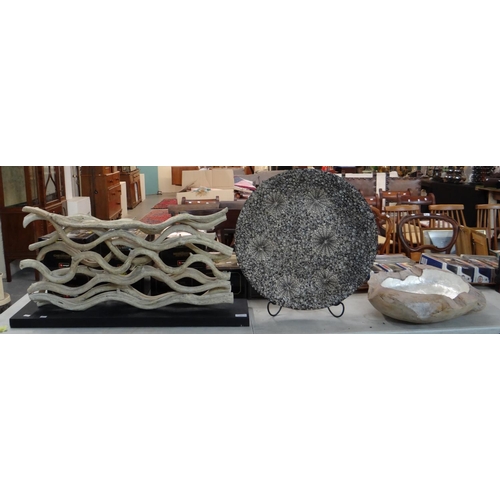 439 - Modern driftwood sculpture on rectangular base together with a shell design charger and another prob... 