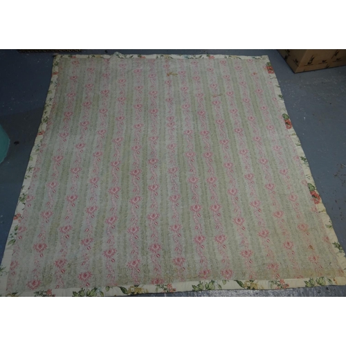 444 - Vintage handmade cotton quilt with striped and floral printed design and patterns sewn in, double si... 