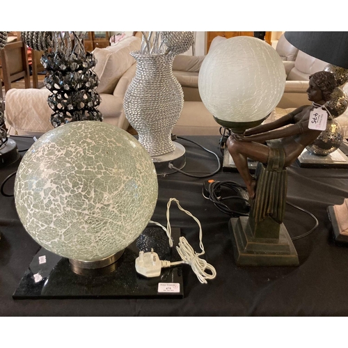 475 - Art Deco style bronzed figural table lamp with crackle glaze globular shade together with another gl... 