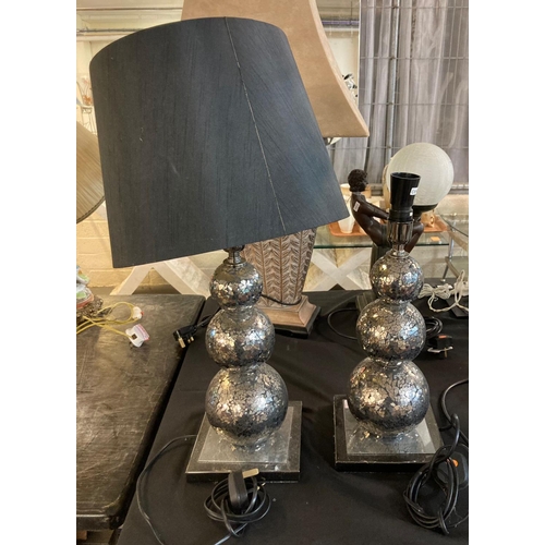 476 - Pair of modern triple gourd glitter crackle glazed table lamps with shades together with another mod... 