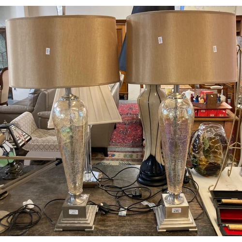 479 - Pair of modern table lamps with shades having iridescent glass crackle glaze column on a chrome fini... 