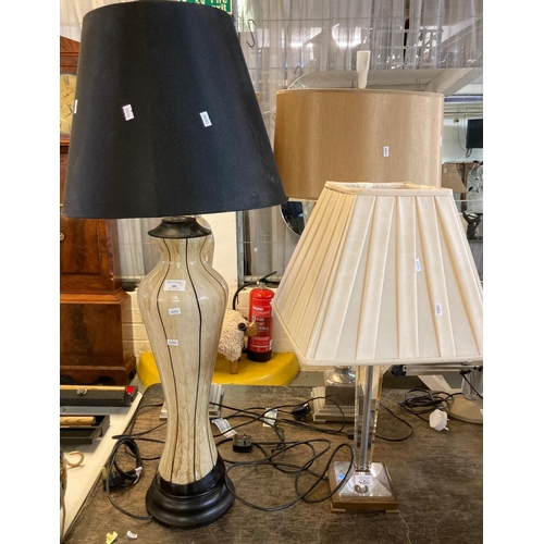 480 - Modern table lamp with shade having tapering glass column on a copper finish square base together wi... 