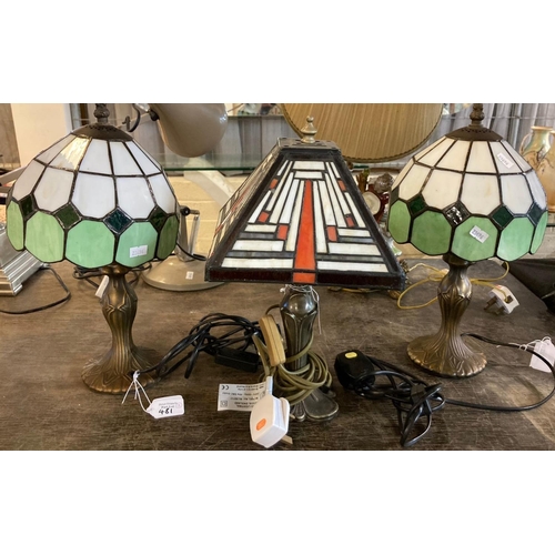 481 - Pair of modern Tiffany style mushroom table lamps together with another modern Tiffany style table l... 