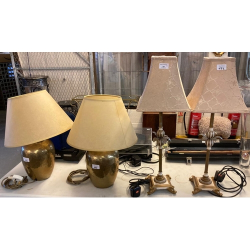 483 - Pair of modern copper finish baluster table lamps with shades together with another pair of table la... 