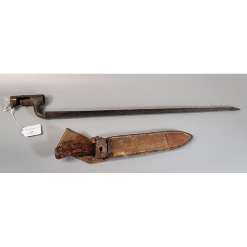 51 - Military trench knife/bayonet in leather scabbard together with an antique socket bayonet with flute... 