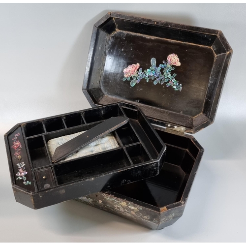 56 - 19th century lacquered and mother of pearl inlaid work box with fitted interior having removeable tr... 