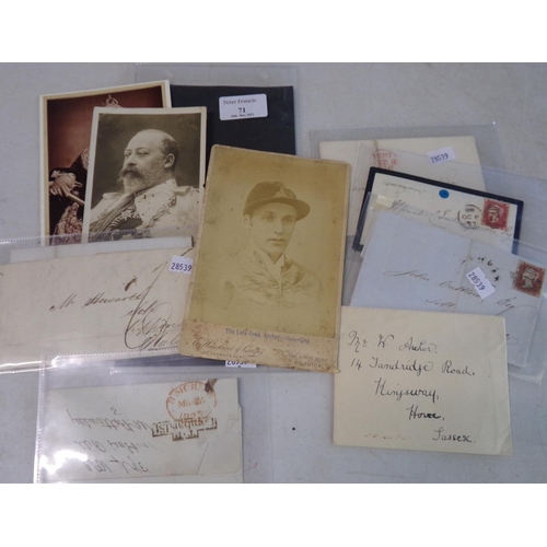 71 - Small selection of early British covers 1821-1857, couple of Royalty postcards and Photograph of Joc... 