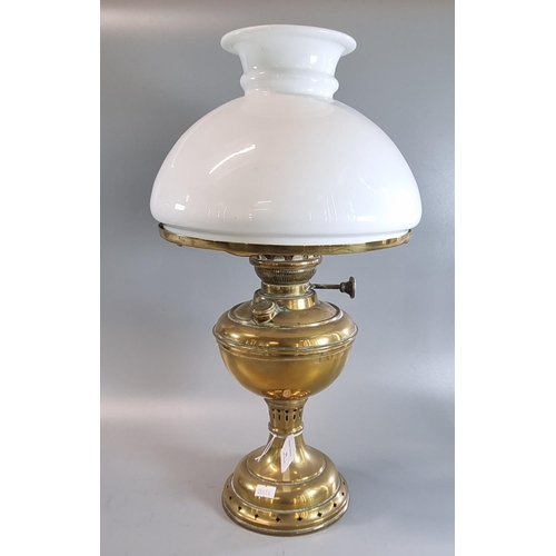 81 - 20th century brass oil  lamp with opaline glass mushroom shade.  (B.P. 21% + VAT)