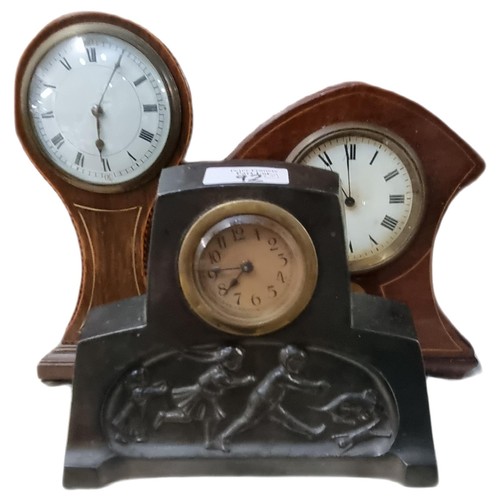 92 - Edwardian balloon shaped inlaid mahogany mantle clock and two others.  (3)   (B.P. 21% + VAT)