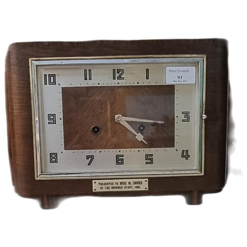 93 - Art Deco design two train rectangular shaped presentation mantle clock in walnut case.  Presentation... 