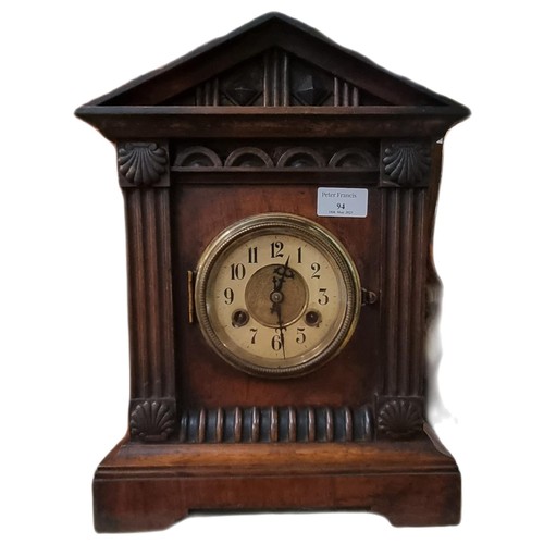 94 - Early 20th century walnut architectural two train mantle clock.  38cm high approx.   (B.P. 21% + VAT... 