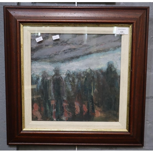 121 - P J Evans (contemporary Welsh), 'The Gathering', signed dated verso.  Oils on board.  29x29cm approx... 