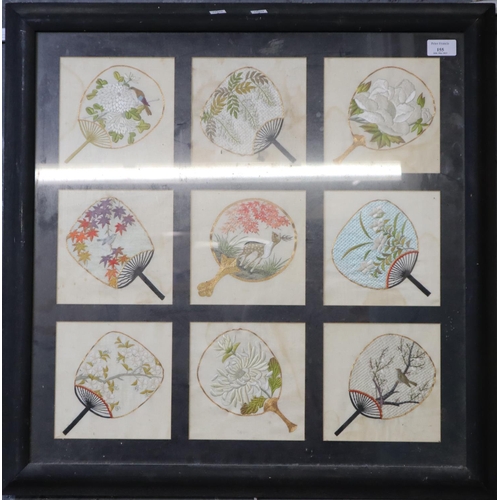 155 - Group of needlepoint designs of four Japanese fans, framed as one.  Overall 51cm square approx.  Nin... 