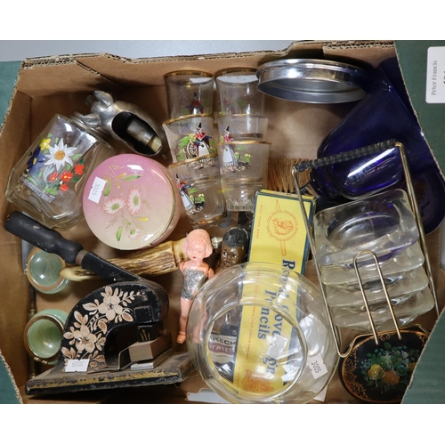 194 - Box of oddments, to include: liqueur glasses, dressing table items, Victorian embosser, thimbles etc... 