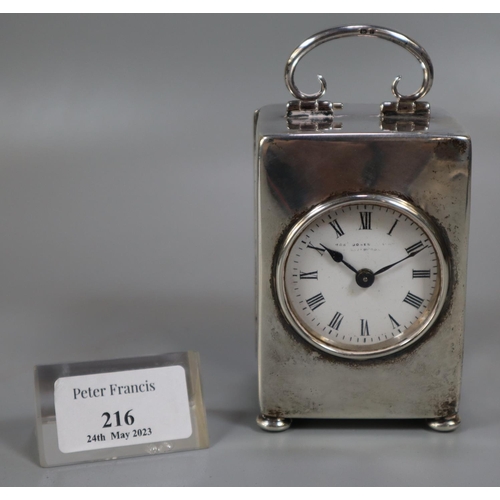 216 - Early 20th century silver cased carriage clock, the face marked Rob Jones? with back winding movemen... 