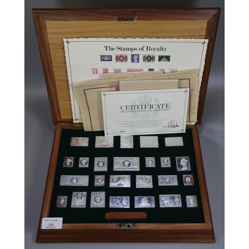 222 - Solid silver replicas of the 'Stamps of Royalty' in original box with COA, polishing cloth etc.   (B... 