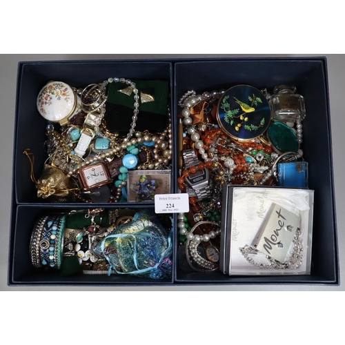 224 - Box of assorted vintage and other jewellery: watches, bangles, pearls, necklaces, Monet boxed set et... 