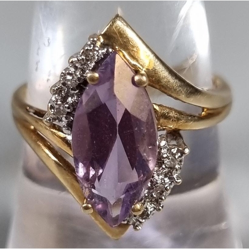 230 - 10ct gold diamond and purple stone ring.  3.4g approx.  Ring size Q.   (B.P. 21% + VAT)