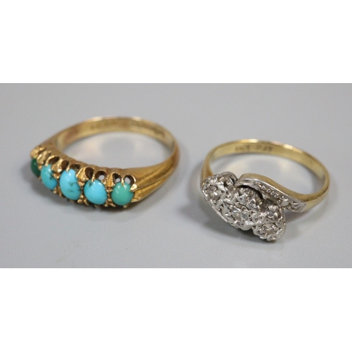 239 - 18ct gold five stone turquoise ring together with an 18ct three stone diamond twist shank ring.  Siz...