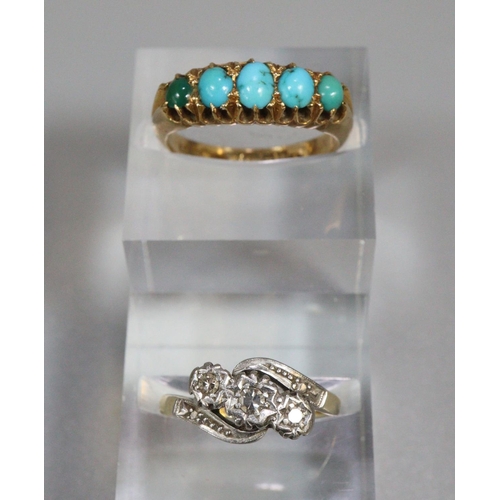 239 - 18ct gold five stone turquoise ring together with an 18ct three stone diamond twist shank ring.  Siz... 