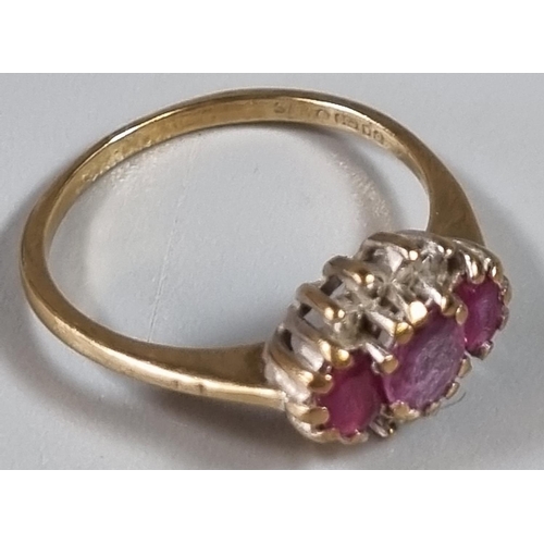 249 - 9ct gold ruby and diamond dress ring. 1.9g approx.  Ring size K.     (B.P. 21% + VAT)