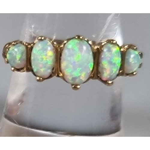 251 - 9ct gold five stone opal ring.  3.1g approx.  Ring size M 1/2.   (B.P. 21% + VAT)