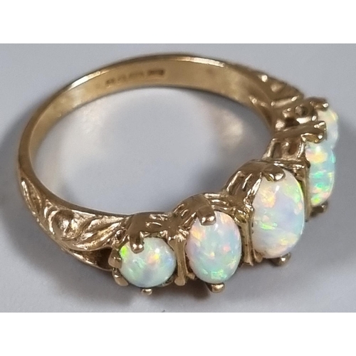 251 - 9ct gold five stone opal ring.  3.1g approx.  Ring size M 1/2.   (B.P. 21% + VAT)