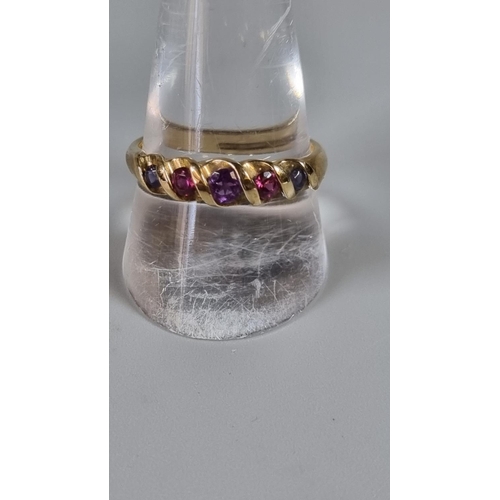 259 - 9ct gold five multi coloured stone dress ring.  2.5g approx.  Ring size R 1/2.   (B.P. 21% + VAT)