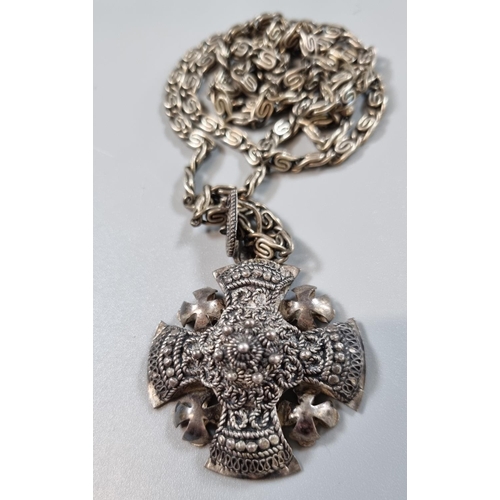 266 - Silver Jerusalem cross and chain 1.44 troy oz approx.  Together with an Indian white metal bracelet ... 