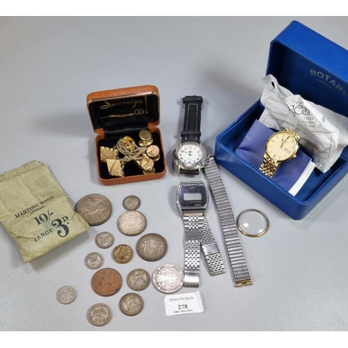 278 - Box of oddments to include: silver crown dated 1935, silver and other coins, modern wristwatches inc... 