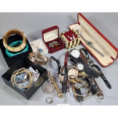 295 - Collection of silver and costume jewellery: bangles, wristwatches, turquoise stone pendant with chai... 