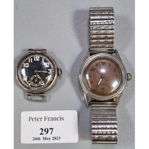 297 - 1930s Mulco military watch with brown face and illuminated hands No. 216 together with 1940s silver ... 