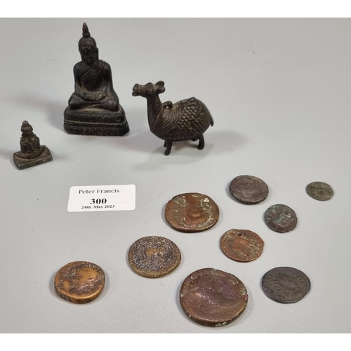 300 - Small collection of Roman bronze coins and other Roman coins together with probably bronze Camel and... 