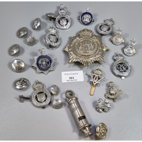 301 - Collection of Police cap badges and buttons, to include: Bucks Constabulary, Essex Constabulary,  No... 