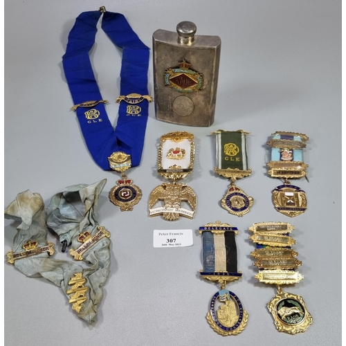 307 - Collection of RAOB medals, to include: hip flask 1925 Scarborough Convention Delegate medal.   (B.P.... 