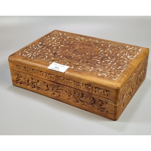 313 - Wooden carved box comprising various rolled gold items, to include: cigarette case, bar-gate bracele... 