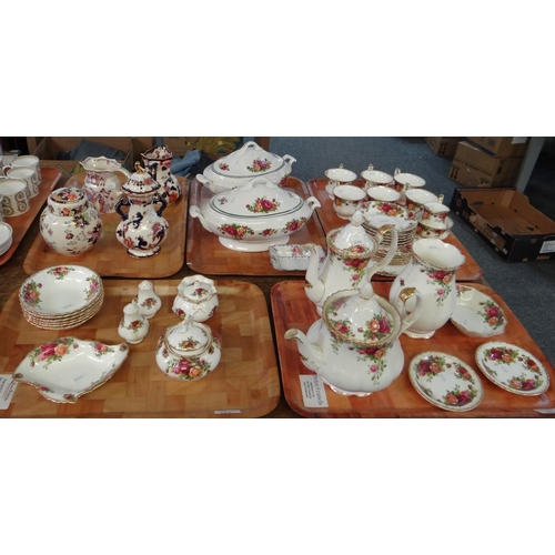 320 - Five trays of china, mostly Royal Albert 'Old Country Roses' English bone china to include: teapot, ... 