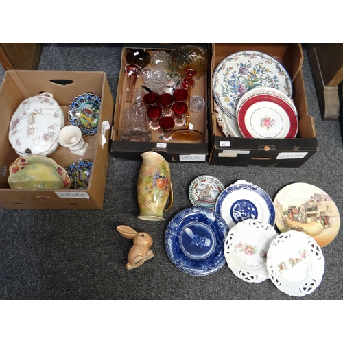 324 - Three boxes of various glass and china to include: Royal Winton Grimwades fruit design jug, fruit de... 