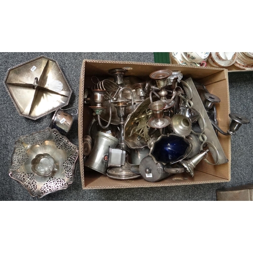 327 - Box of mostly silver plate to include: pedestal basket, serving dishes, toast rack, candelabra, two ... 