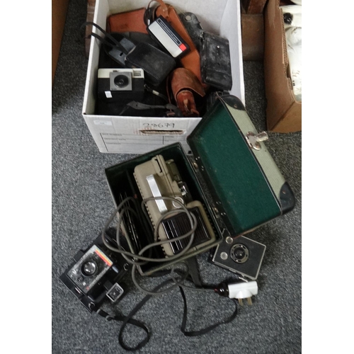 328 - Box of cameras and camera equipment to include: 'The Folding Klito', Halina, Kodak Instamatic 25 and... 