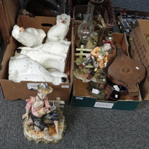 329 - Two boxes of assorted items to include: fire bellows, oil lamp wall sconce, relief decorated candles... 