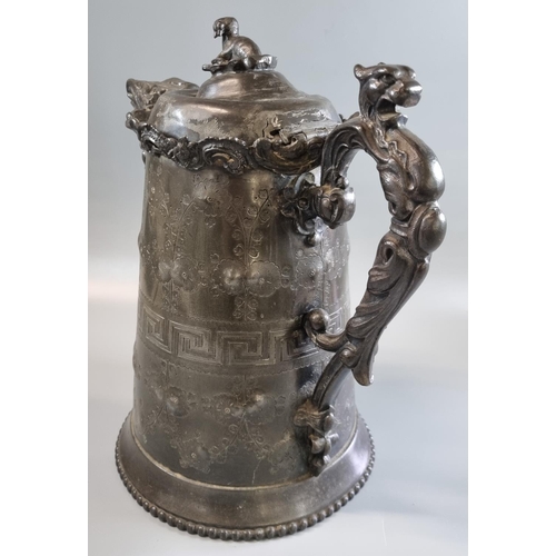 4 - 19th century pewter tapering pitcher jug, having Rococo mounts, Mythical animal head handle and styl... 