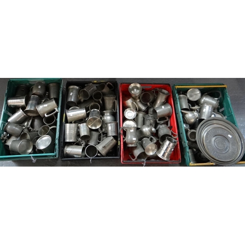407 - Large collection of pewter and metalware to include: pewter tankards and other drinking vessels, min...