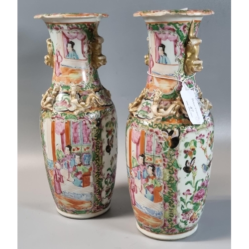 47 - Pair of Chinese porcelain Canton Famille Rose vases with alternating panels of figures in pavilions ... 